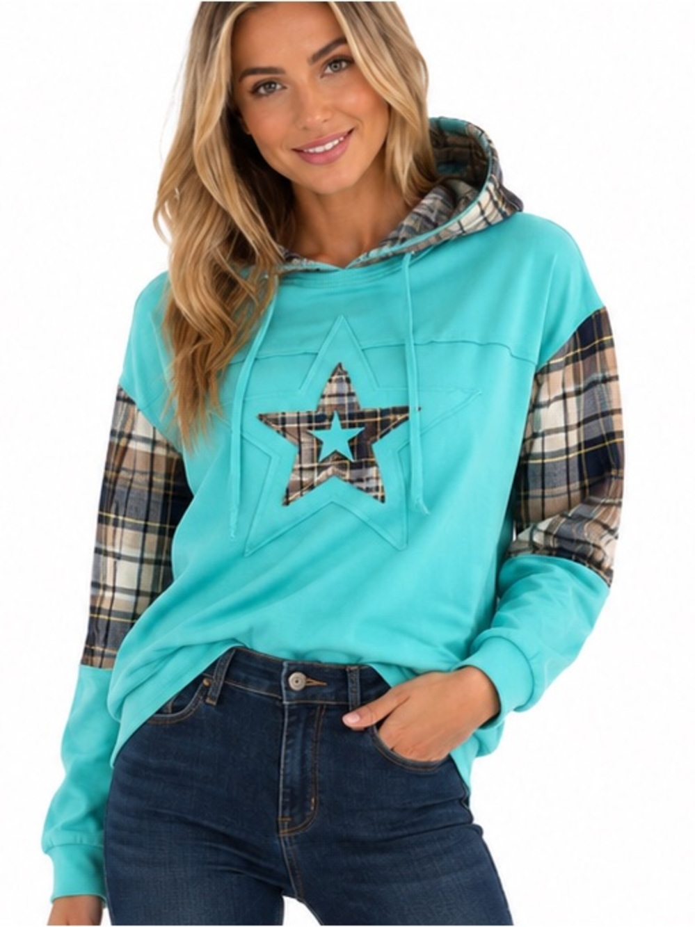 H4D.New Aqua Plaid Star Hoodie Sweater  cotton blend oversized